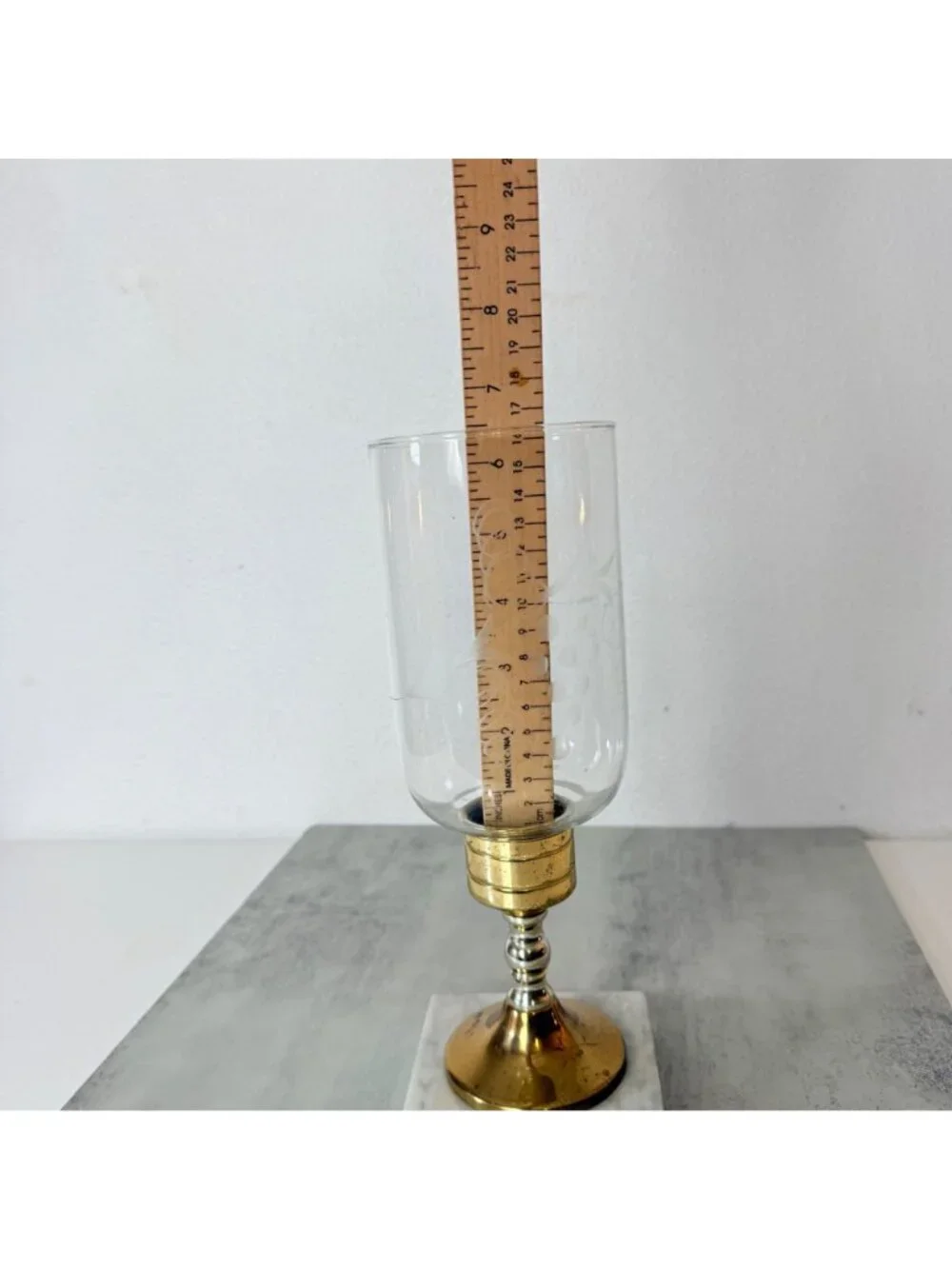 Vintage Italian Hurricane Candle Holder Set of 2 Brass Marble Etched Glass Pair
